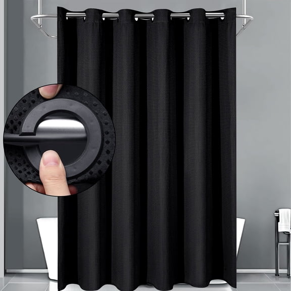 Waffle Weave Shower Curtains, No Hook Shower Curtains for Bathroom, DawnJoanHD Black Polyester Fabric Shower Curtain with Built-in Rings, 72" x 74"