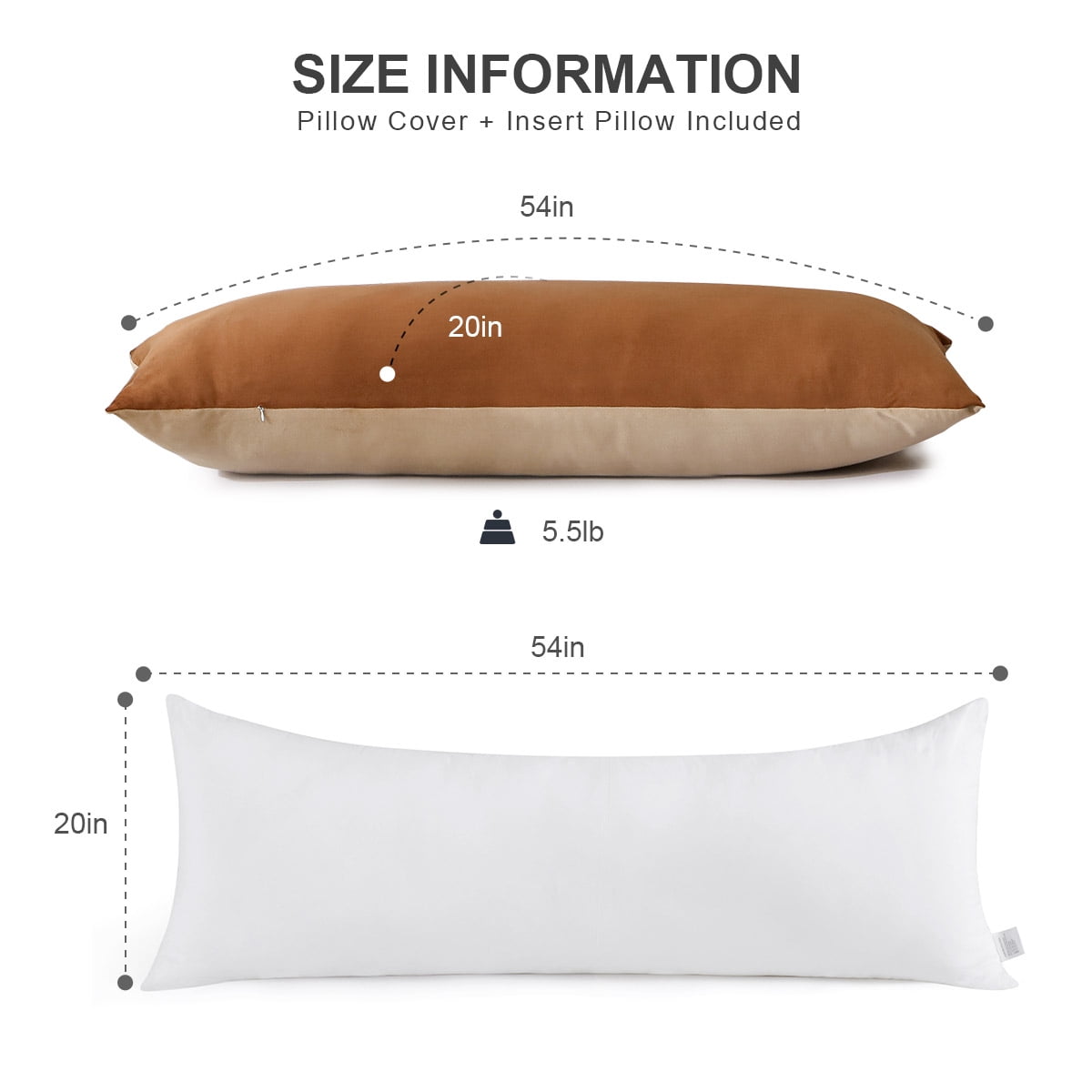 Full Velvet Body Plliow for Adults, Big Pillows Bed, 20"x54" Long Pillow with Removable, Pillow for Home Bedroom Pregnant Women, Camel & Brown