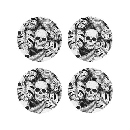 

Junzan Skull and palm leaves Print Coasters for Drinks - Leather Coasters Set of 4 for Coffee Table for Housewarming/Kitchen/Bar/Decor-Round Shape