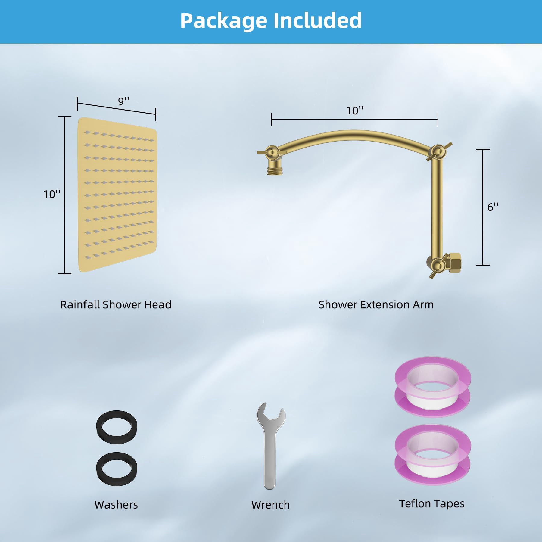 All Metal Cupc Certified Rain Shower Head  10'' High Rainfall Showerhead With 16" Extension Arm Brass Adjustable Extender Fixed Showerheads Brushed