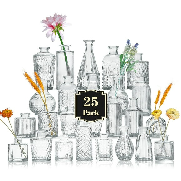 25Pcs Glass Bud Vase Set, Small Flower Vase for Centerpieces, Clear Bud Vases in Bulk, Mini Vintage Vase for Rustic Wedding Decor
