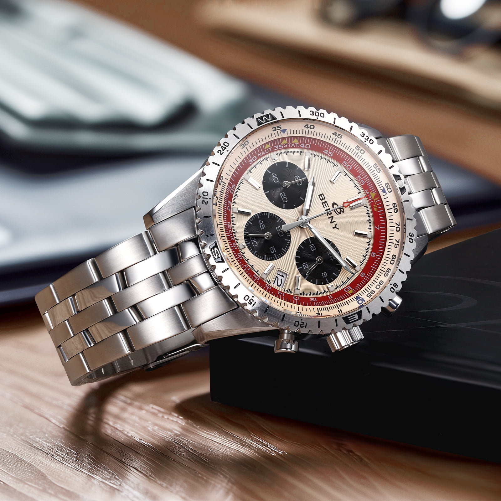 BERNY Silver Chronograph Watches for Men, Sport Luxury Analog Quartz Watch with Tachymeter, Stainless Steel, Waterproof, Luminous, Sapphire Crystal, Date Calender, Men's Wristwatch (Beige)