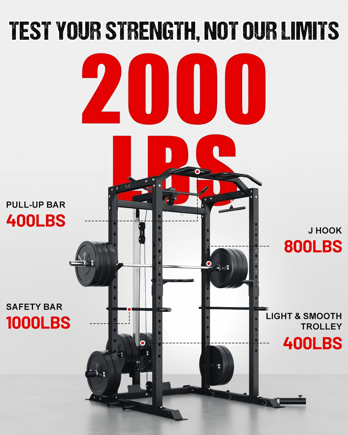 2000LBS Power Cage Squat Rack with LAT Pulldown System, Multi-Function Weight Cage Strength Training Machine, Home Gym Workout Cage with Multiple Attachments for Garage & Home Fitness
