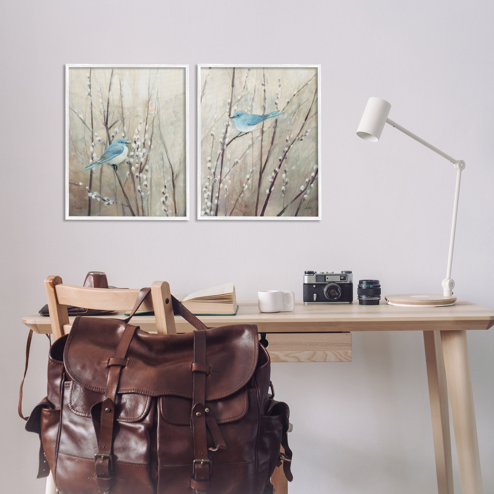 Stupell Industries Peaceful Perched Blue Birds Animals & Insects Painting White Framed Art Print Wall Art, 16 x 20, Set of 2