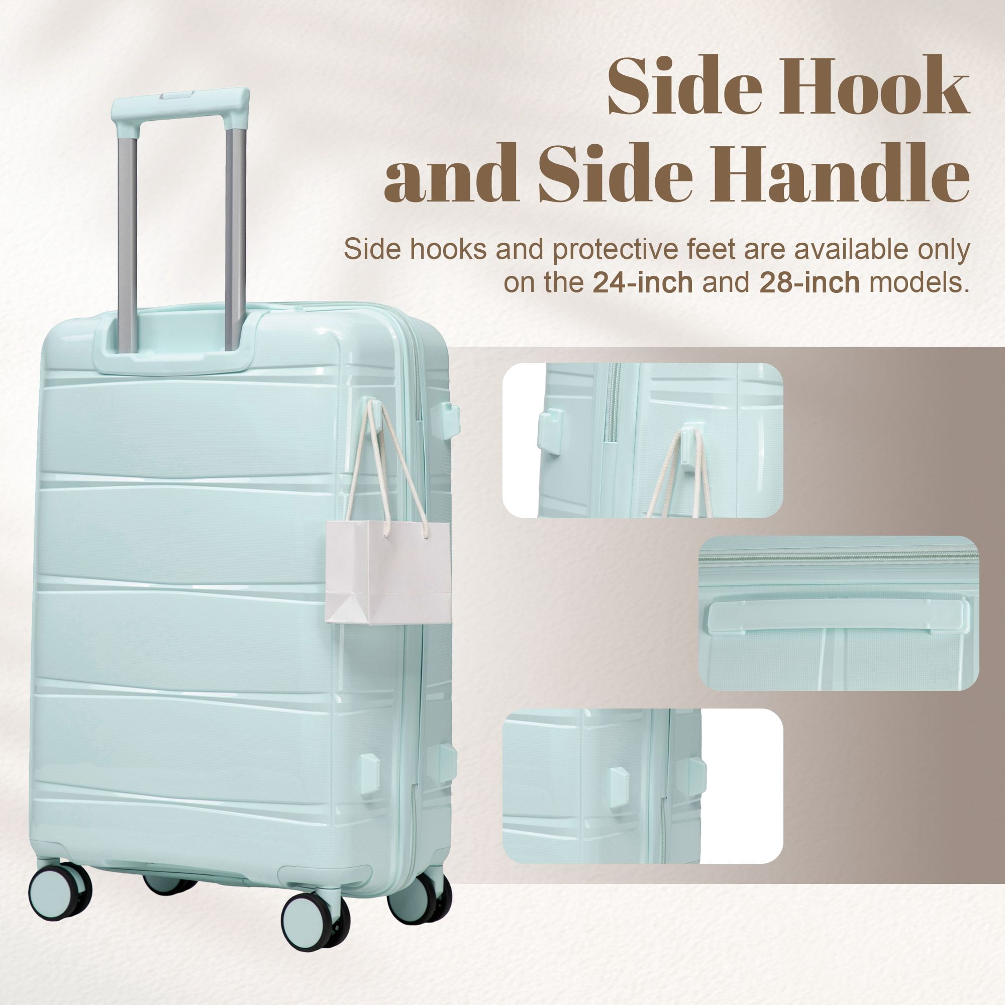 Alvantor 3 Piece Hardshell Luggage Set PP Hardside Suitcase with Iron Telescopic Handle Side Hook 20"24"28"(Mint Green)
