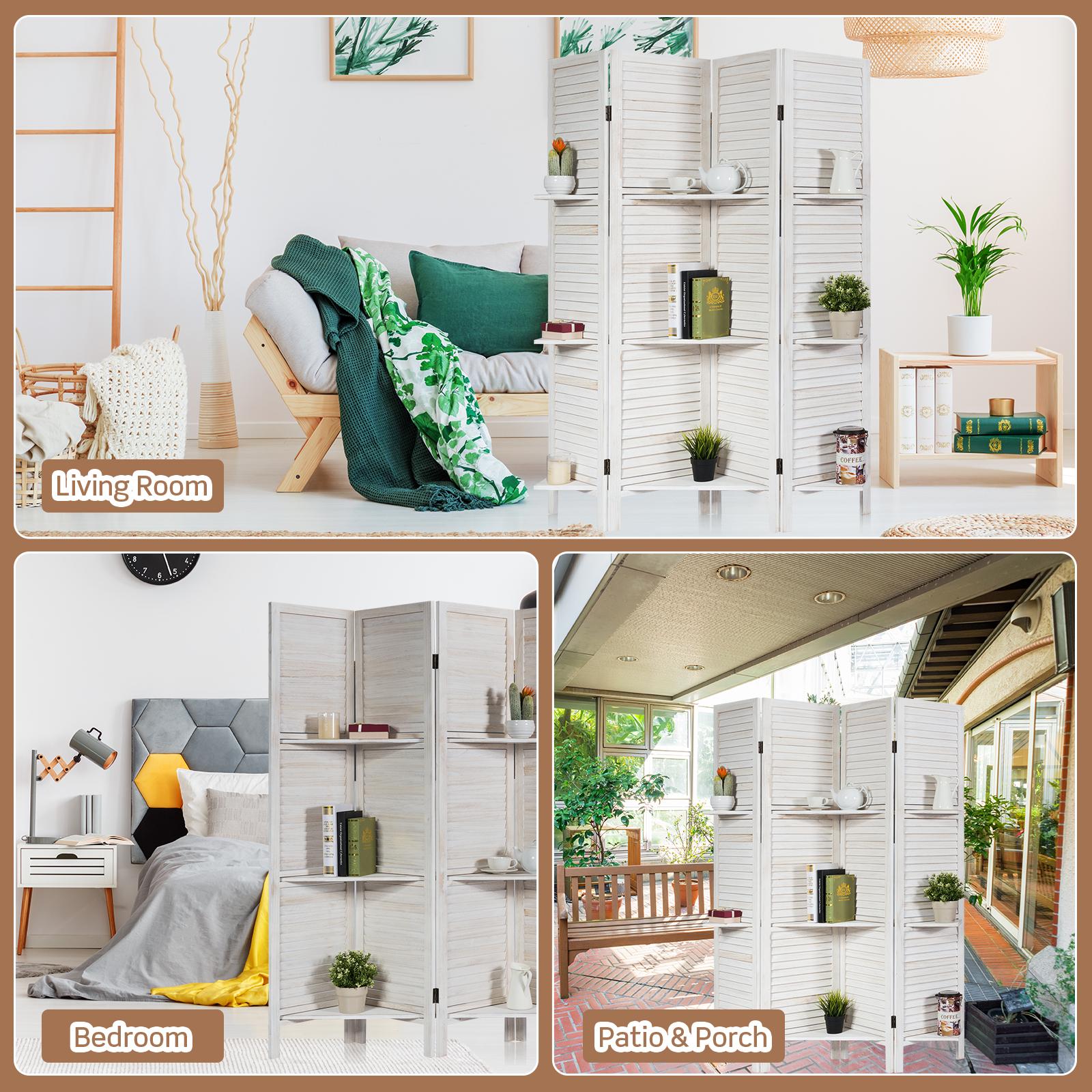 Giantex 4-Panels Wood Room Divider with Display Shelf Folding Privacy Room Dividers Screen for Home Office, 5.6FT, White