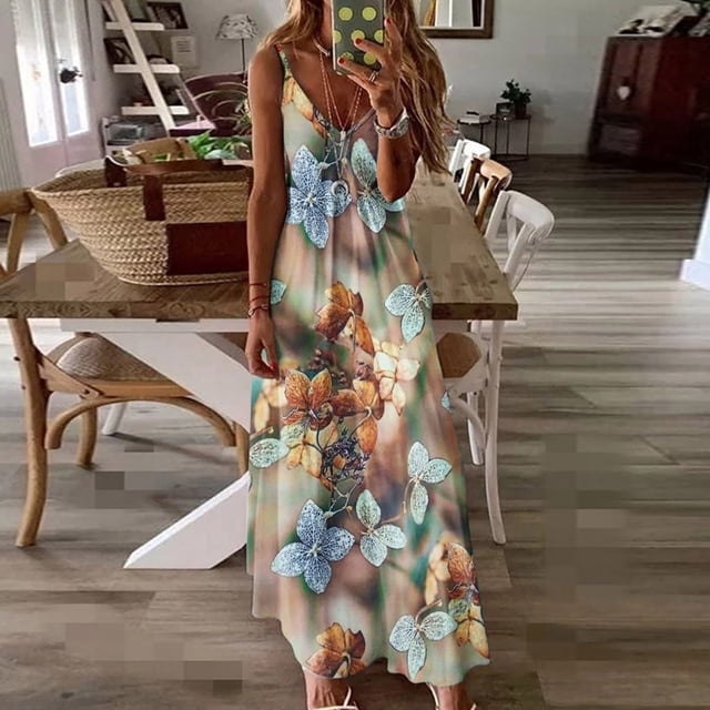 zanvin Clearance Vente Femmes Robes d'Été, Mode d'Été Imprimé V-Cou Bretelles Sans Manches Robe Pull, Kaki, M