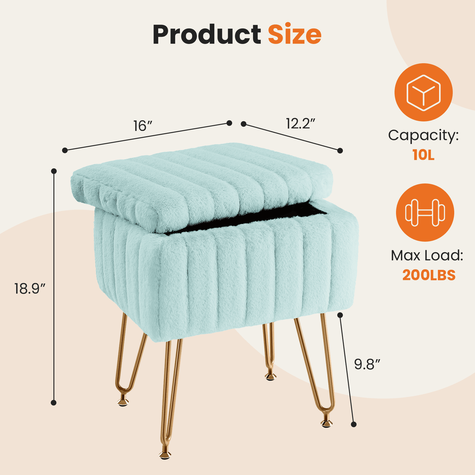 ZUNMOS Ottoman Vanity Stool Chair, with Storage, Modern Style Faux Fur Seat with 4 Metal Legs & Non-slip Feet for Living Room, Bedroom, Mint Green