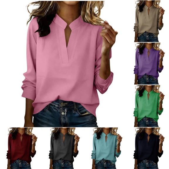 Miluxas Womens Dressy Blouses Casual Long Sleeve V Neck Pleated Work Shirts Wine XL(XL)