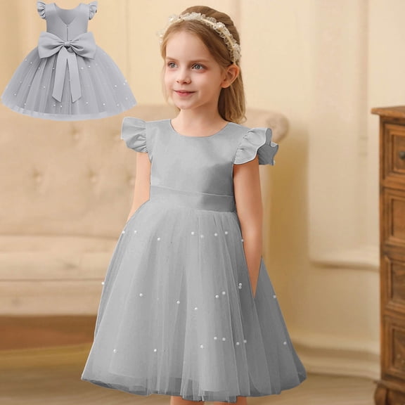 Flower Girl Dress Kids Gray Tulle Wedding Guest Party Birthday Bridesmaid Communion Pageant Prom Ball Gown Kids Ceremony Party Gift 6-7 Years