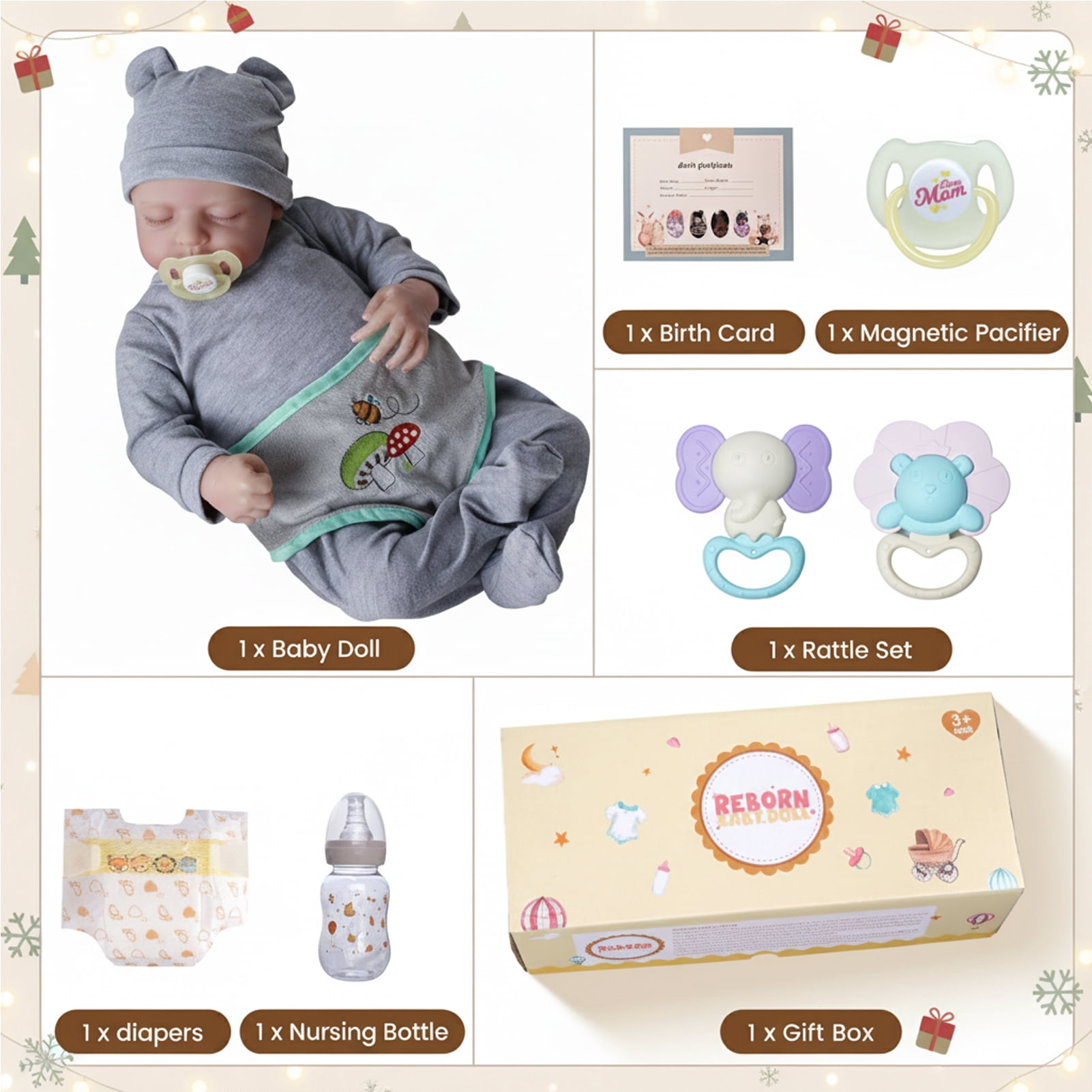 RSG 17 Inch Eyes Closed Sleeping Reborn Baby Doll, Soft Cloth Body with Accessories & Gift Box, Gift for Kids 3+