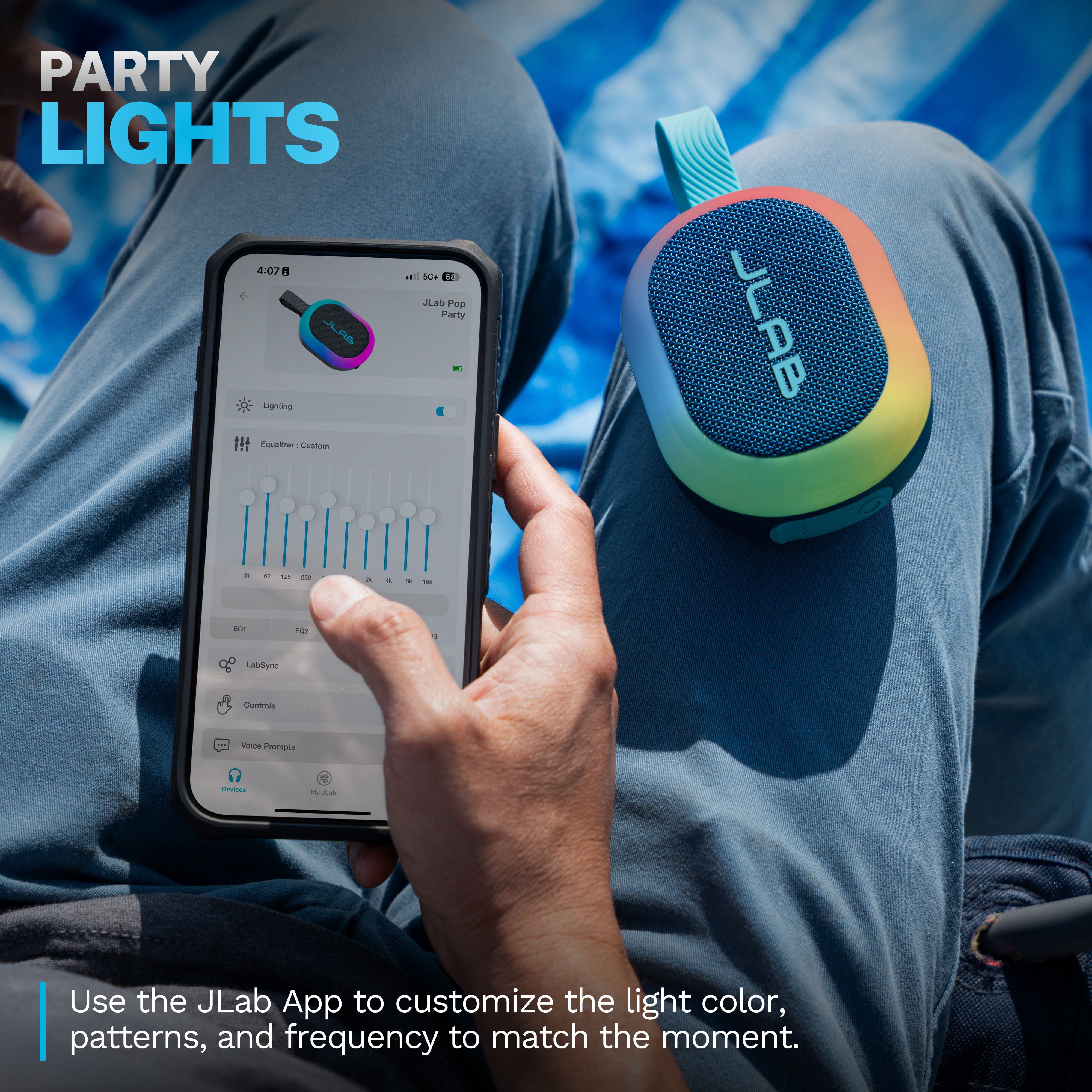 JLab Pop Party Portable Bluetooth Speaker, 5W, 8 Hour Playtime, RGB Lighting, Splashproof, Navy