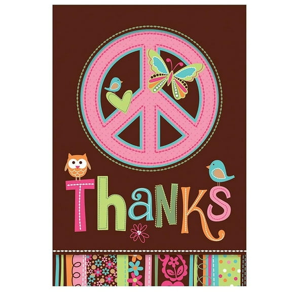 Hippie Chick Peace Owl Pink Brown Retro Kids Birthday Party Thank You Notes