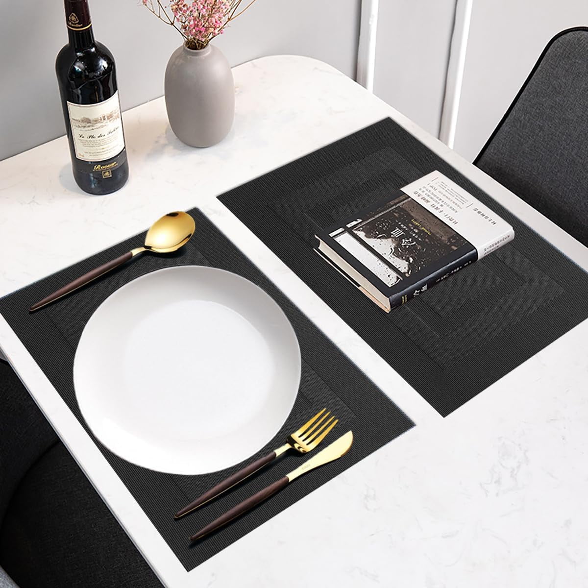 Placemats,Washable Woven Vinyl Durable Placemats for Dining Table,Easy to Clean Plastic Placemats Set of 6 (18 x 12 inches, Pure Black)