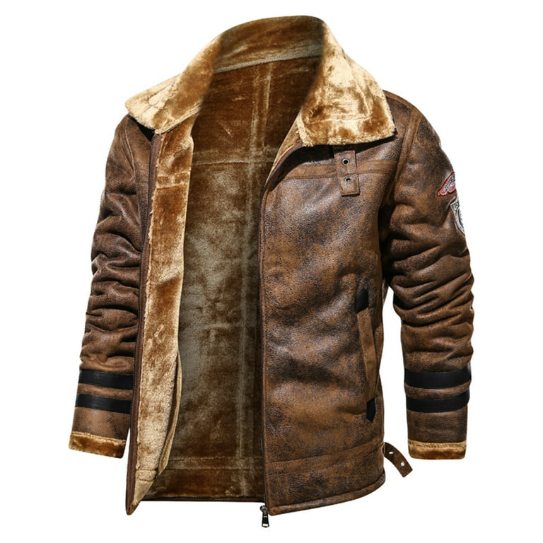 2022 Mens Jackets and Coats Retro Style Leather Jacket Men Leather  Motorcycle Jacket Fur Lined Warm Coat Winter Velvet Overcoat