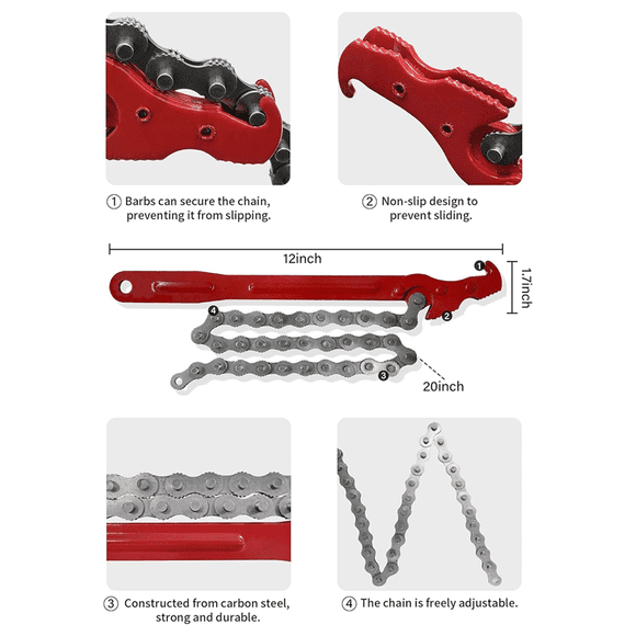 Chain Wrench, 12inch Strap Wrench, Carbon Steel Chain Pipe Wrench Heavy Duty for Semi Truck, Universal Spanner Drain