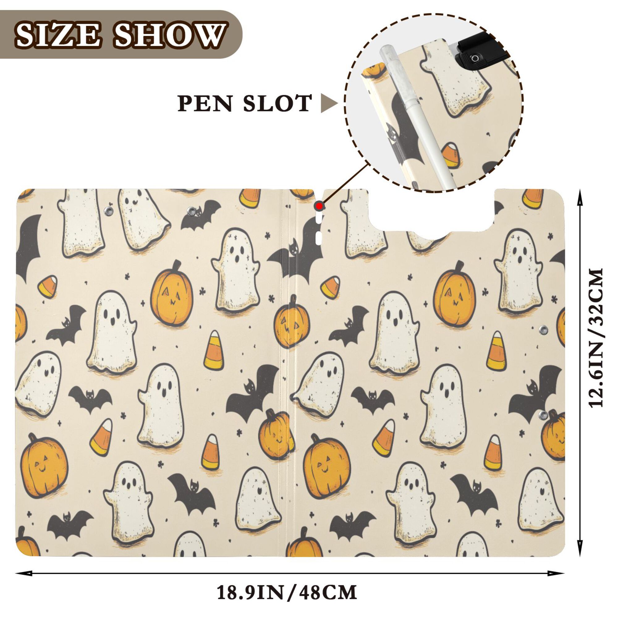 FORMRS A4 Clipboard Folder with Pen Holder Horizontal Foldable School Office Binder, Halloween Cute Ghosts