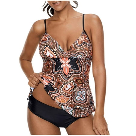 TrendVibe365 Womens Swimwear Two Piece Tankini Orange Plus Size Swimsuits Thong V Neck Tank Bathing Suits Floral Swimwear Beachwear 2XL