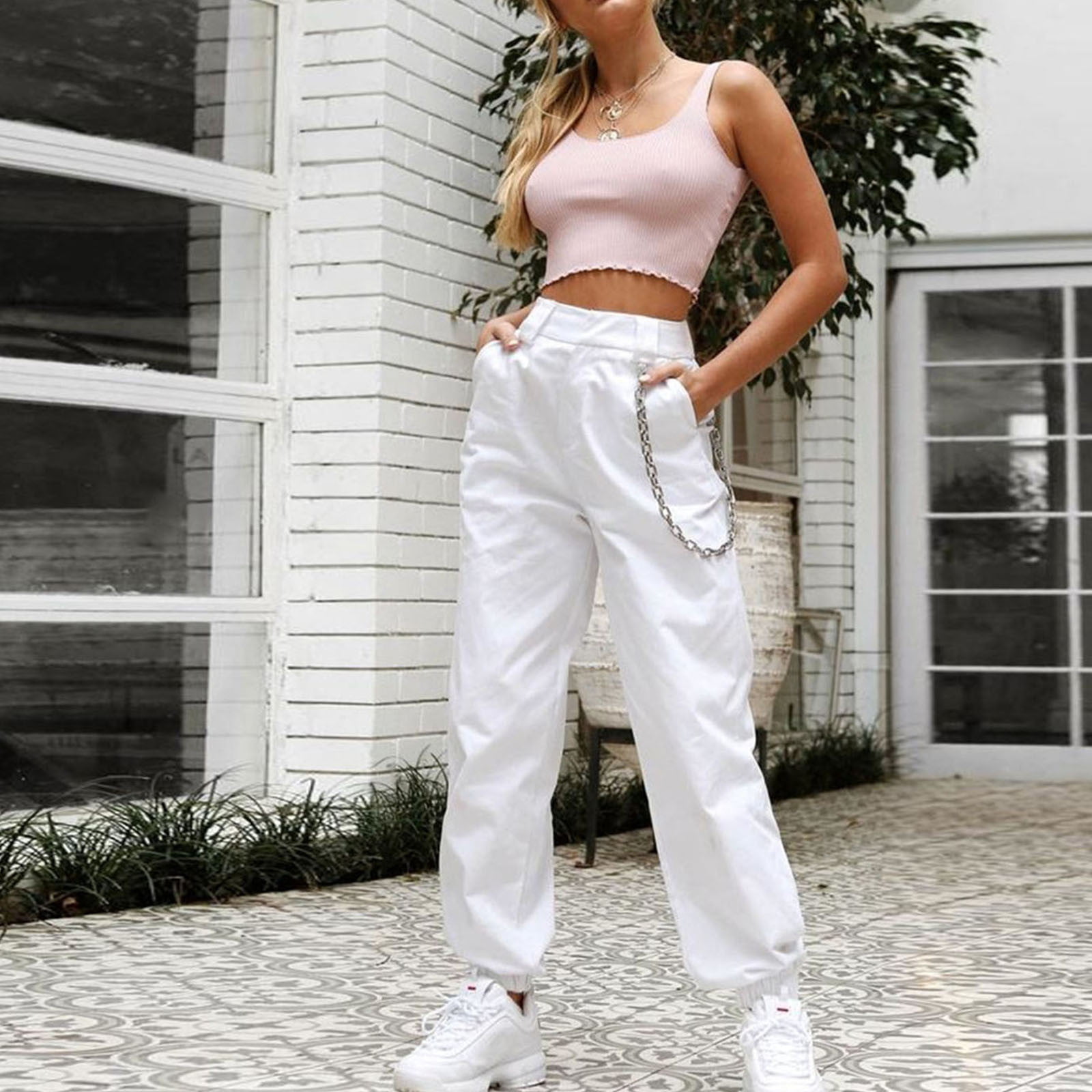 CHGBMOK Clearance Cargo Pants Women Fashion Chain Of Tall Waist Beam Foot  Leisure Loose Overalls Trousers