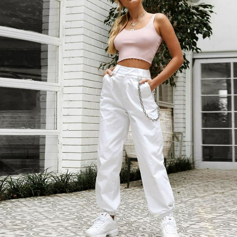 HAPIMO Clearance Cargo Pants for Women Solid Color Casual Comfy Pants  Womens Wide Leg Loose Chain Link Cutout Trousers Teens Fall Fashion Outfits  Elastic High Waist white L 