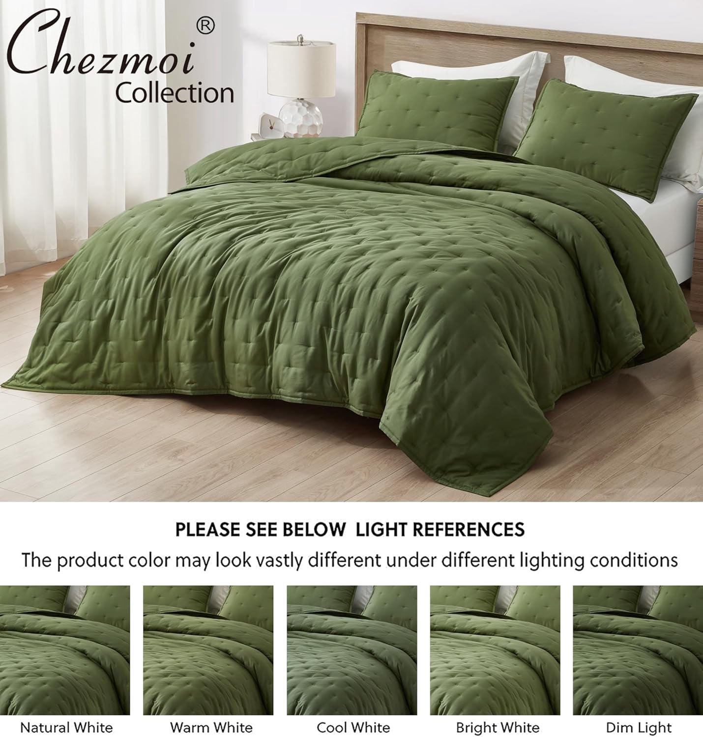 Chezmoi Collection Glen 3-Piece Crescent Stitched Quilt Set, King Size, Olive Green, Rayon Derived from Bamboo & Polyester Blended, Soft Breathable Cooling Bedspread for Hot Sleepers