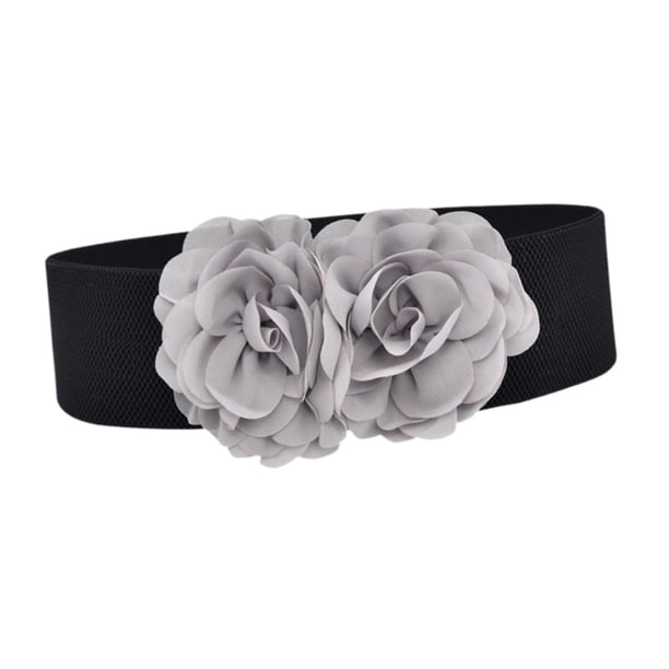 Cinturón elástico ancho para mujer, cinturón de moda con flores grandes para camisas largas y blusas. Flor gris