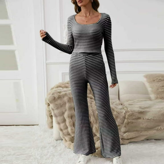 Women's Stripe Pajama Set with Round Neck Long Sleeve Blouse and Short Pants for Lounge Comfort