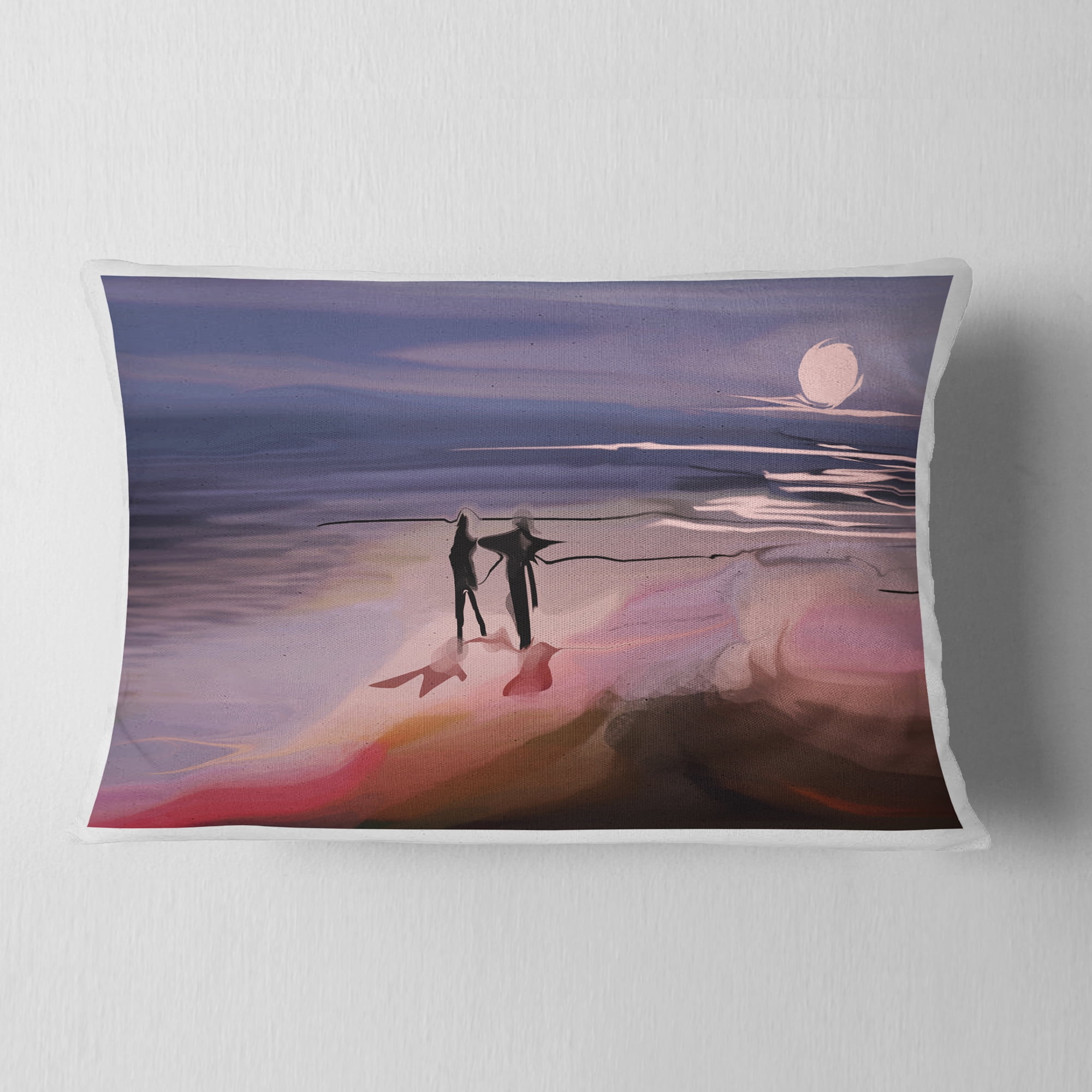 Designart Couple Walking near Ocean at Night - Seashore Photo Throw Pillow - 12x20