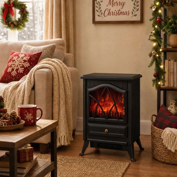 Freestanding Electric Fireplace Stove Heater, Black Metal & Glass with 1500W/750W & Realistic LED Flame, for Living Room Office