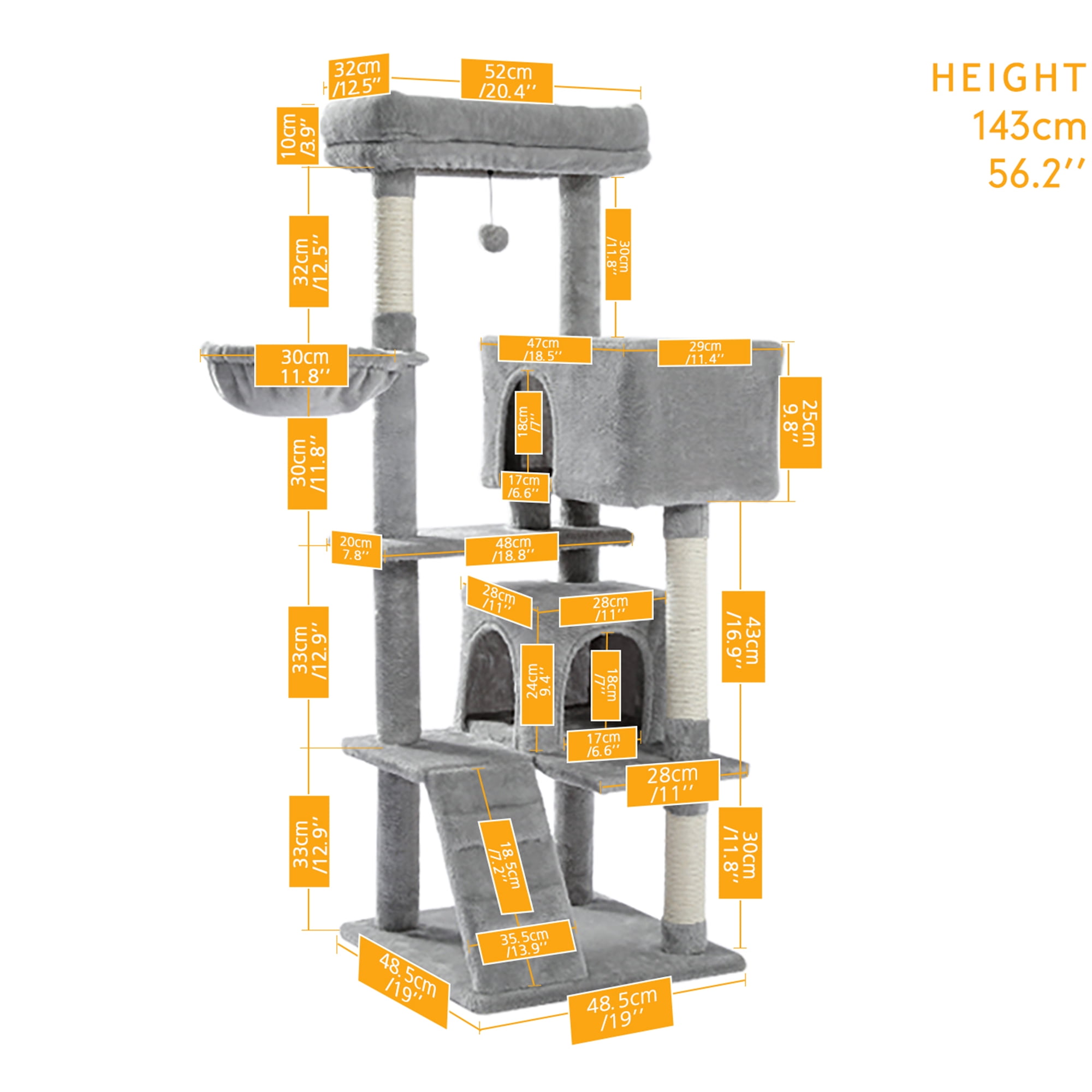 resenkos 56" Cat Tree Tower for Indoor Cats, Cat Tree House for Multiple Cats with 2 Cozy Condos, Top Perch, Hammock, Climbing ladder and Dangling Ball, Dark Gray