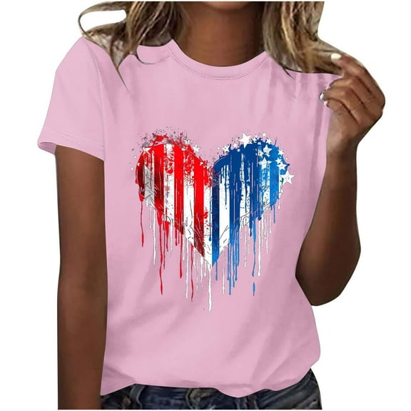 Raeneomay Oversized T Shirts for Women Independence Day Printed Round Neck Short Sleeved Top