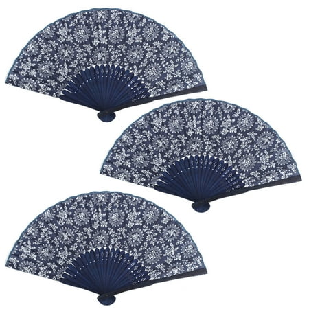 - Home Bamboo Frame Flower Pattern Collections Oriental Craft Folding Fan 3 PCS