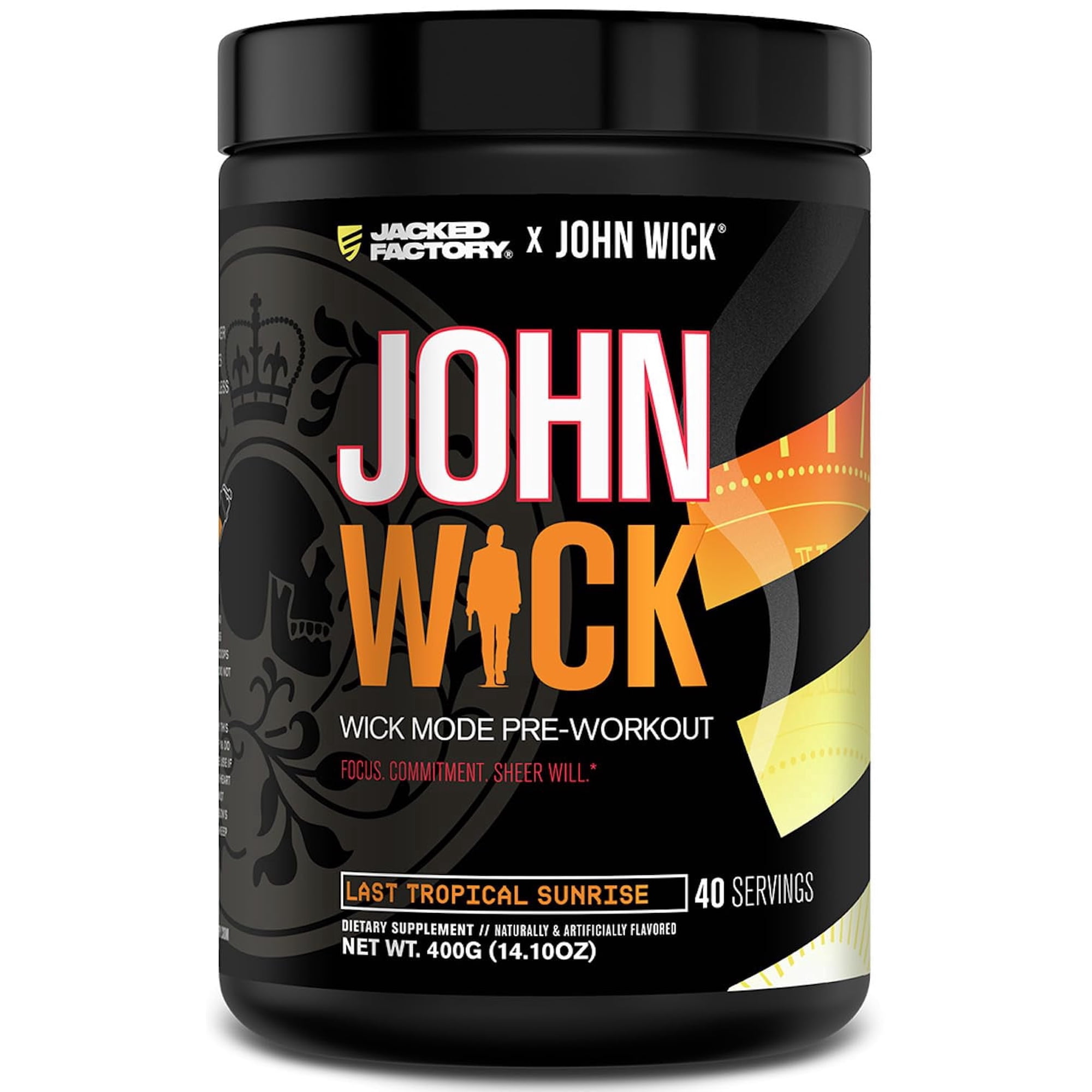 Jacked Factory X John Wick - Wick Mode Pre Workout Powder - Intense Energy, Battle-Ready Focus, Unstoppable Commitment, and Sheer Will - 40 Servings, Last Tropical Sunrise