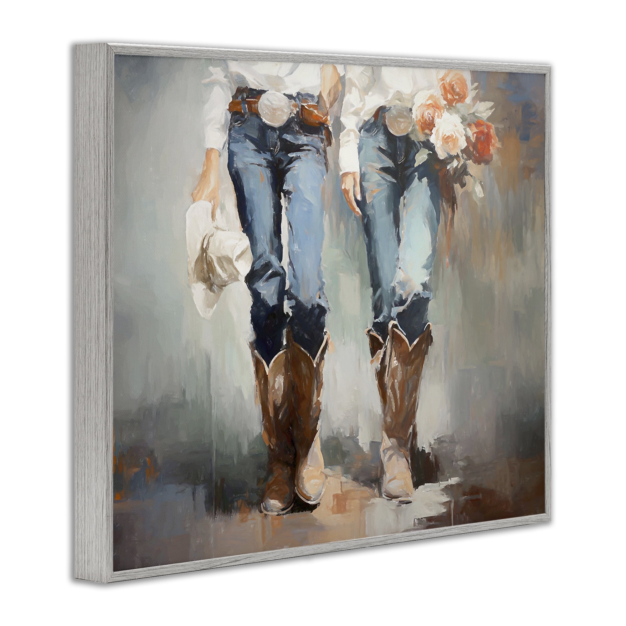 Stupell Industries Floral Cowgirl Pair Novelty Painting Gray Framed Art Print Wall Art, 30 x 24