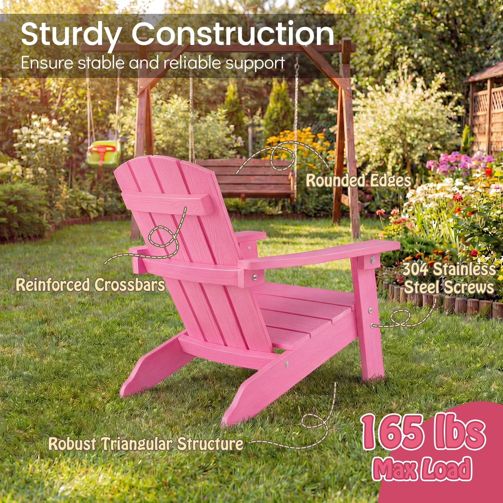 Costway Kids Adirondack Chair with High Backrest Armrests Fire Pit Chair for Kids Ages 3-8 Pink