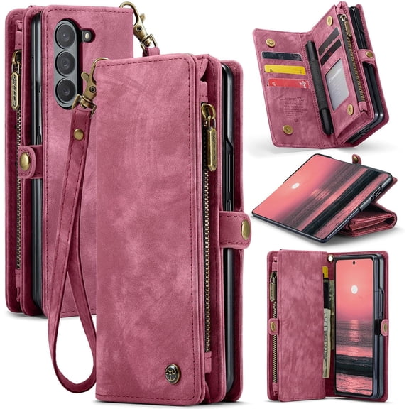 Wallet Case for Samsung Galaxy Z Fold6 2024, Zipper Purse Leather Case with Magnetic Detachable Shockproof TPU Bumper Shell Cover Compatible with Samsung Galaxy Z Fold 6 (Red)