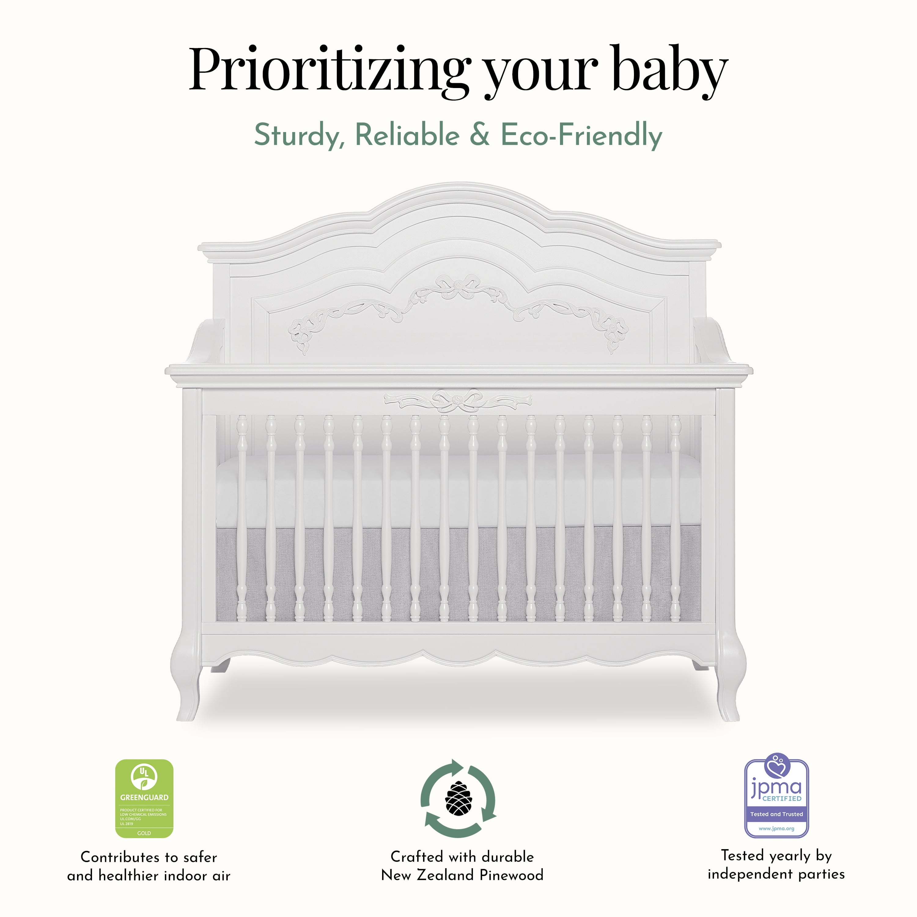 Evolur Aurora 5-In-1 Convertible Crib In Frost , Greenguard Gold Certified, Features 3 Mattress Height Settings, Sturdy And Spacious Baby Crib, Wooden Furniture