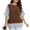thumbnail image 1 of Top de verano para mujer Tallas grandes Cuello redondo Manga corta a rayas enrolladas Dobladillo a rayas Top 2 en 1 Marrón XL, 1 of 8