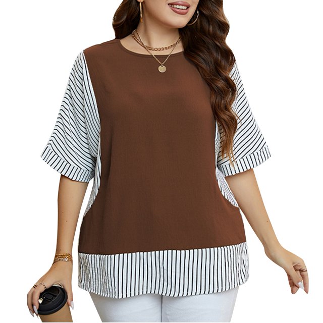 Top de verano para mujer Tallas grandes Cuello redondo Manga corta a rayas enrolladas Dobladillo a rayas Top 2 en 1 Marrón XL