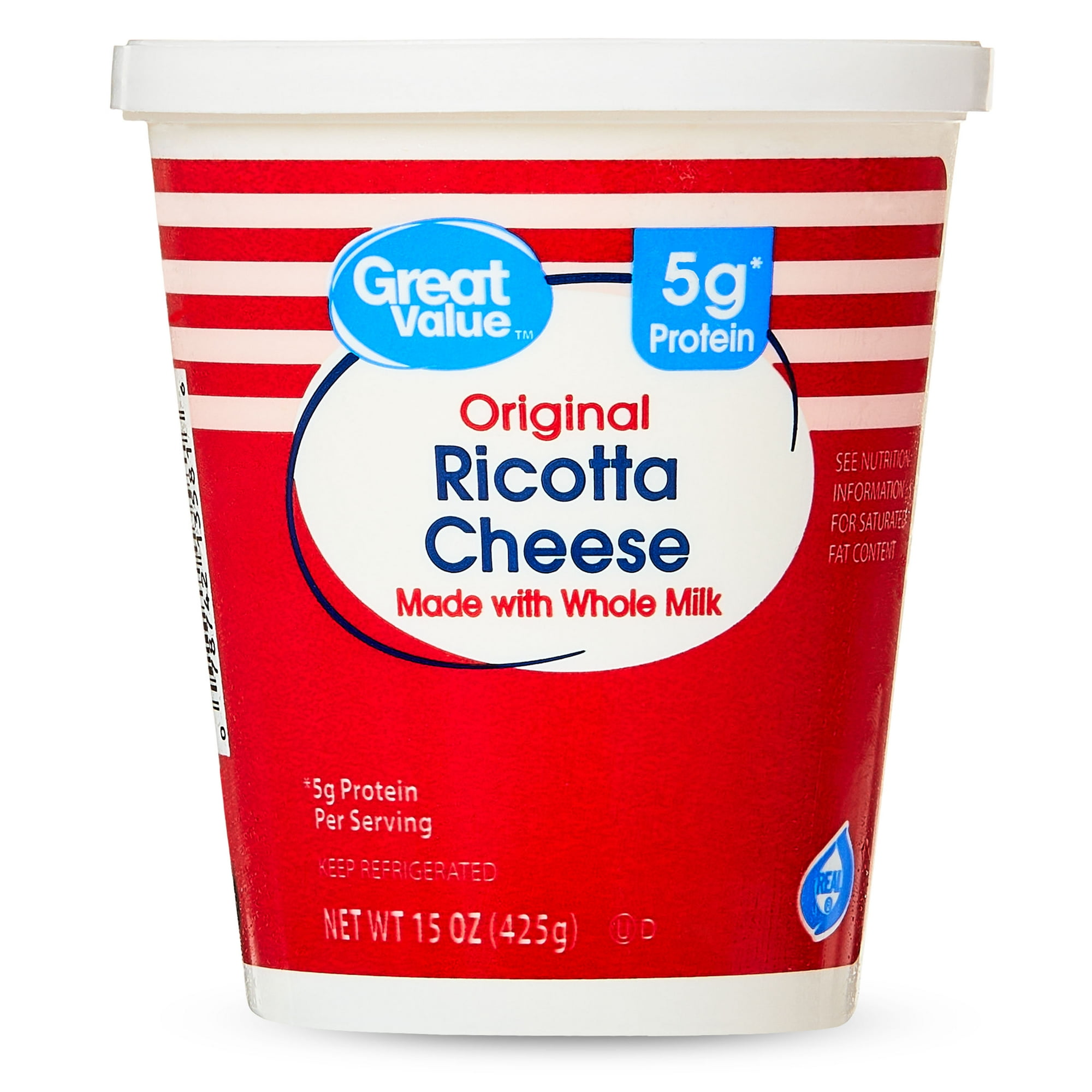 Great Value Original Whole Milk Ricotta Cheese, 15 oz Tub (Refrigerated)