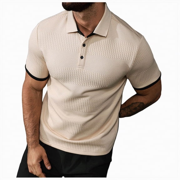 NOLDARES Mens Ribbed Knit Cotton Polo Shirt Short Sleeve Casual Golf Vacation Tops(Beige,S)