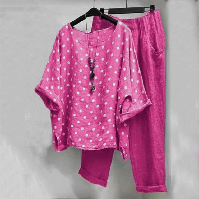 Pavied Two Piece Sets,Lounge Sets,Wave Point Prints Linen Button Shirt High Waist Loose Pocket Pant Two Piece Top And Bottom Set,Matching Sets,Womens Sweatshirt,Tracksuit for Women,Hot Pink M