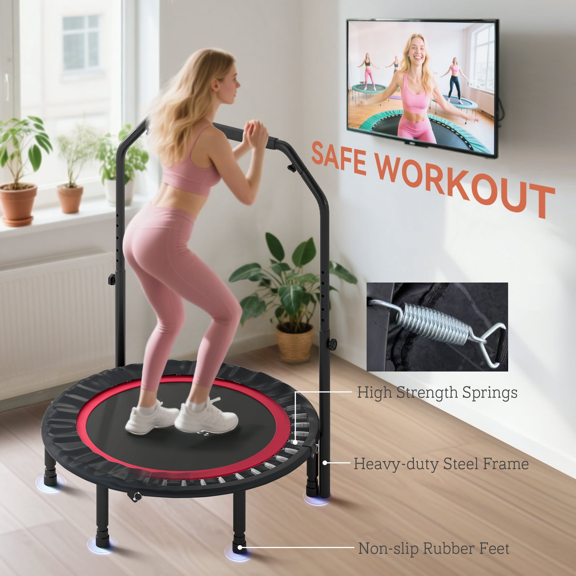 Soozier 40" Foldable Mini Trampoline, Rebounder Trampoline for Adults with Adjustable Foam Handle for Indoor Outdoor Workout, Max Load 330 lbs, Red