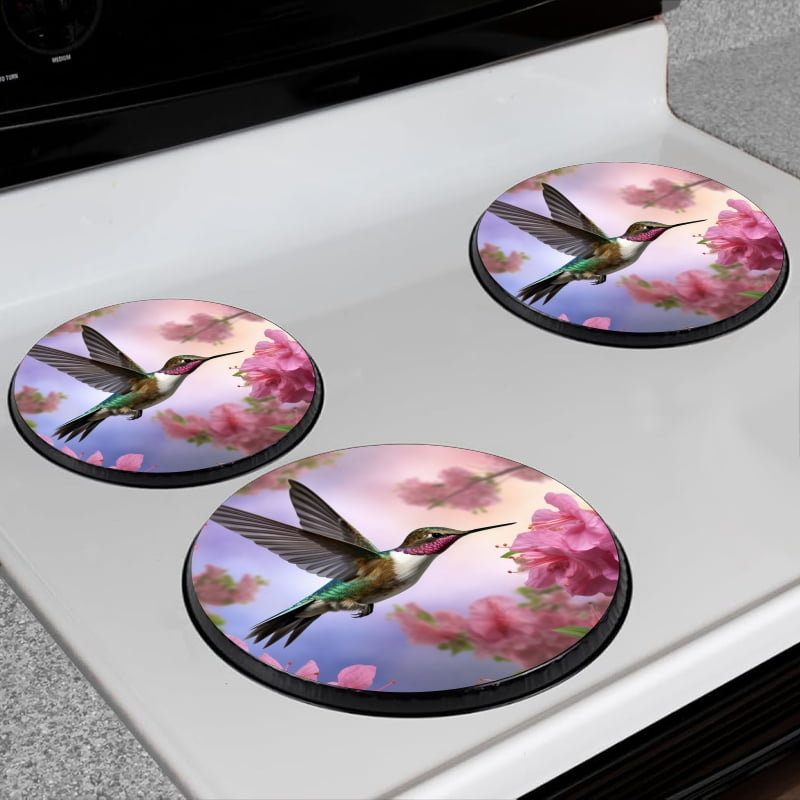 BaHomeck Electric Stove Burner Covers Set of 4,Round Metal Gas Stove Burner Covers 8 Inch and 10 Inch,Kitchen Decor,Hummingbird Hovering Near Pink Azaleas