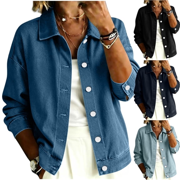 Women's Relaxed Fit Long Sleeve Turndown Collar Denim Button Up Cardigan Coat Jacket Comfy Versatile Spring Winter Outfits | CSEONE,Black L