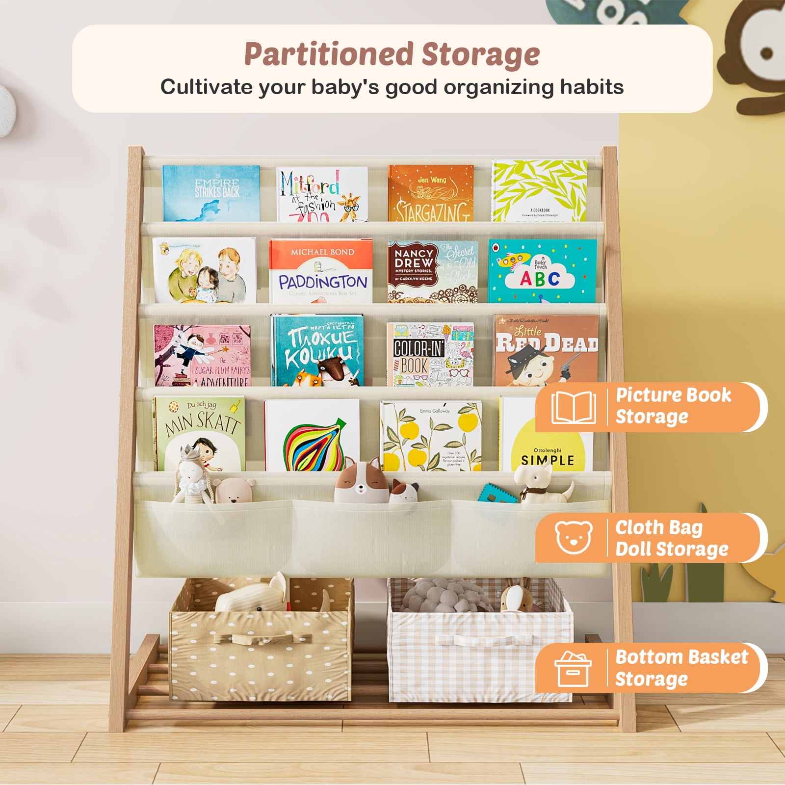 Bookcase, Bookshelf 4 Sling Book Rack Book Display with Storage Classroom Bookshelf 4 Tier Beige