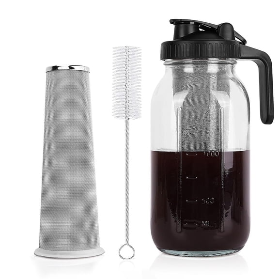 JOVELL Cold Brew Coffee Maker 64oz, Glass Mason Jar Pitcher with Stainless Steel Filter, Airtight & Leak-Proof Iced Coffee & Tea Pitcher for Home Kitchen