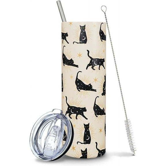 Cat Tumbler, Halloween Black Cat Gifts for Women Cat Lovers, Witchy Gifts for Women, Black Cat Travel Coffee Mug, Goth Gifts for Women, Cat cup, Witch Tumbler, Halloween Cat with Straw and Lid 20 Oz