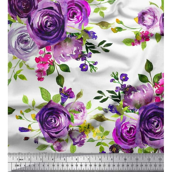 Soimoi Cotton Cambric Fabric Leaves & Rose Flower Print Fabric by Yard 42 Inch Wide