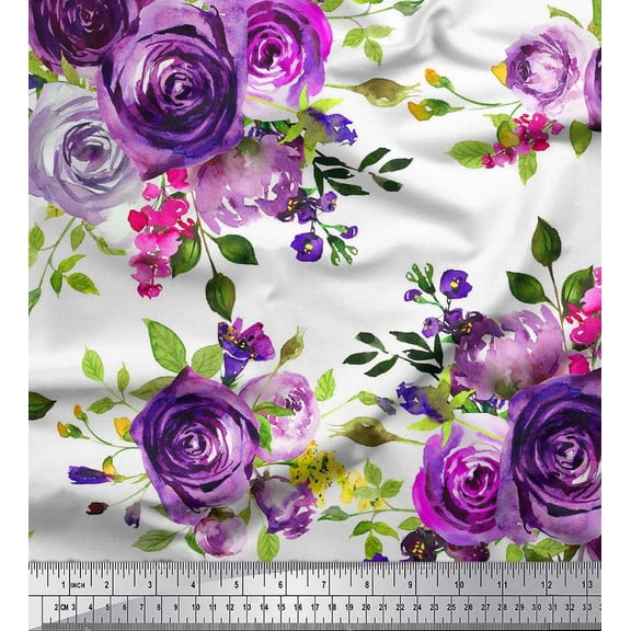 Soimoi polyester Crepe Fabric Leaves & Rose Flower Printed Fabric 1 Yard 52 Inch Wide